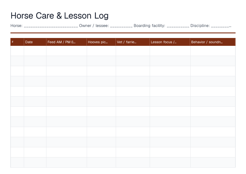 Horse Care & Lesson Log — printable PDF preview
