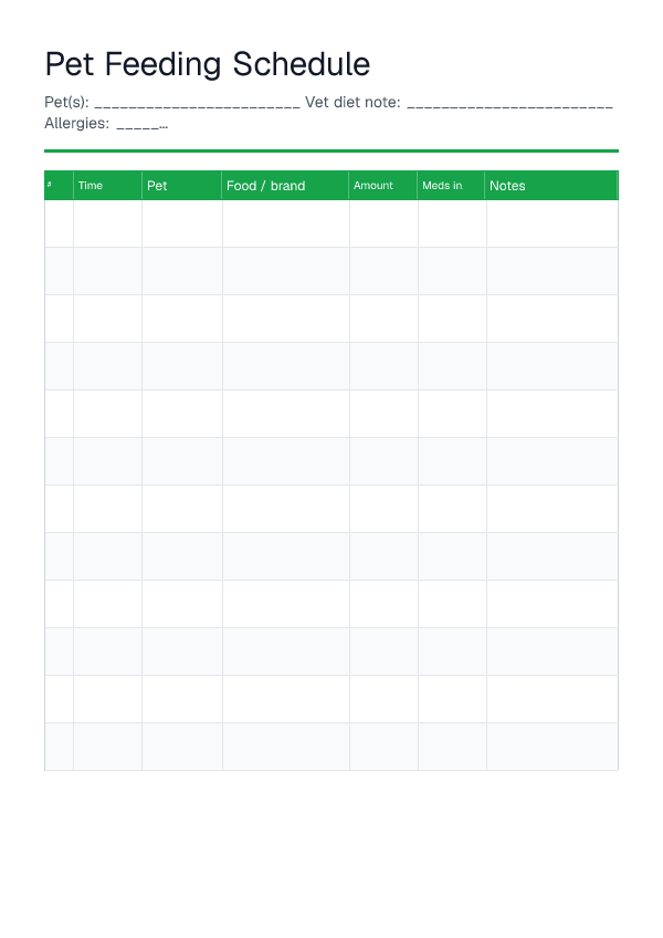 Pet Feeding Schedule — printable PDF preview