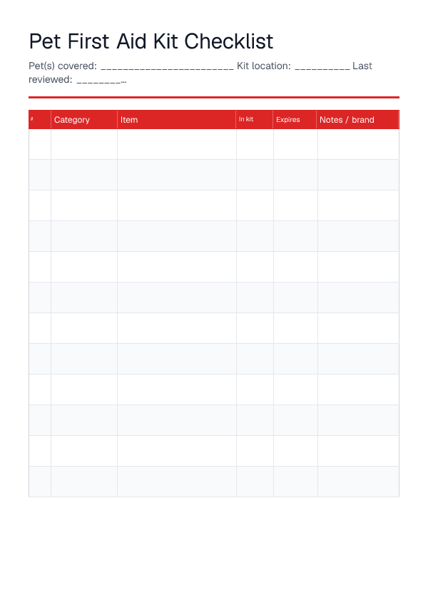 Pet First Aid Kit Checklist — printable PDF preview