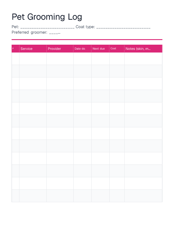 Pet Grooming Log — printable PDF preview