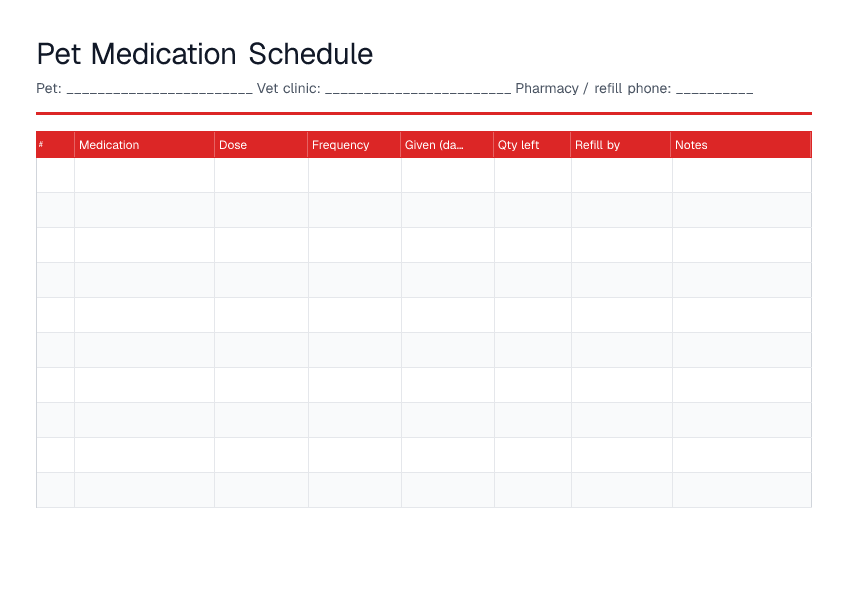 Pet Medication Schedule — printable PDF preview