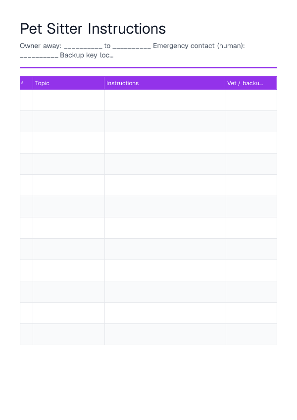 Pet Sitter Instructions — printable PDF preview