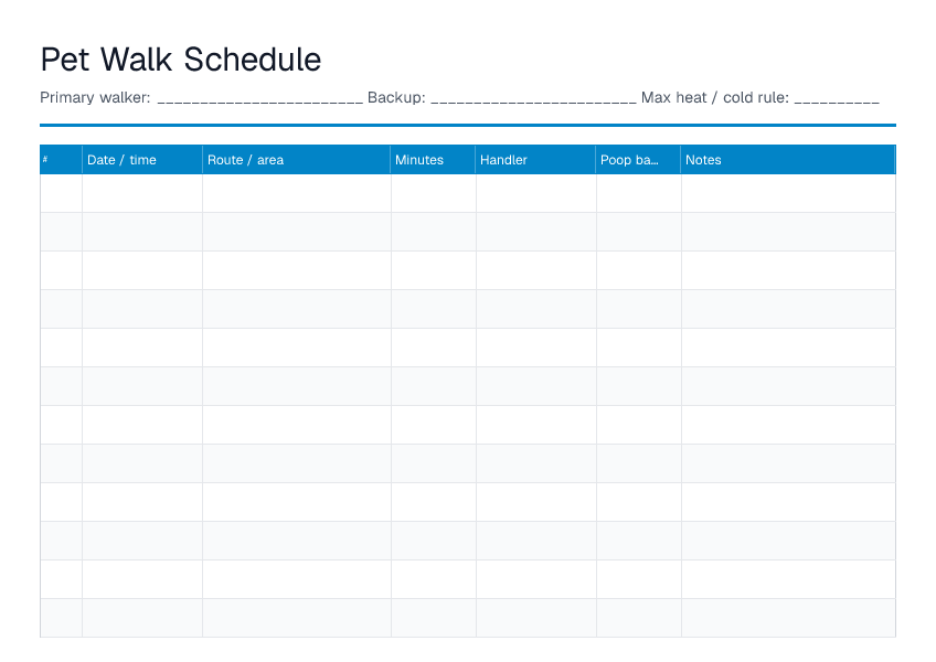 Pet Walk Schedule — printable PDF preview