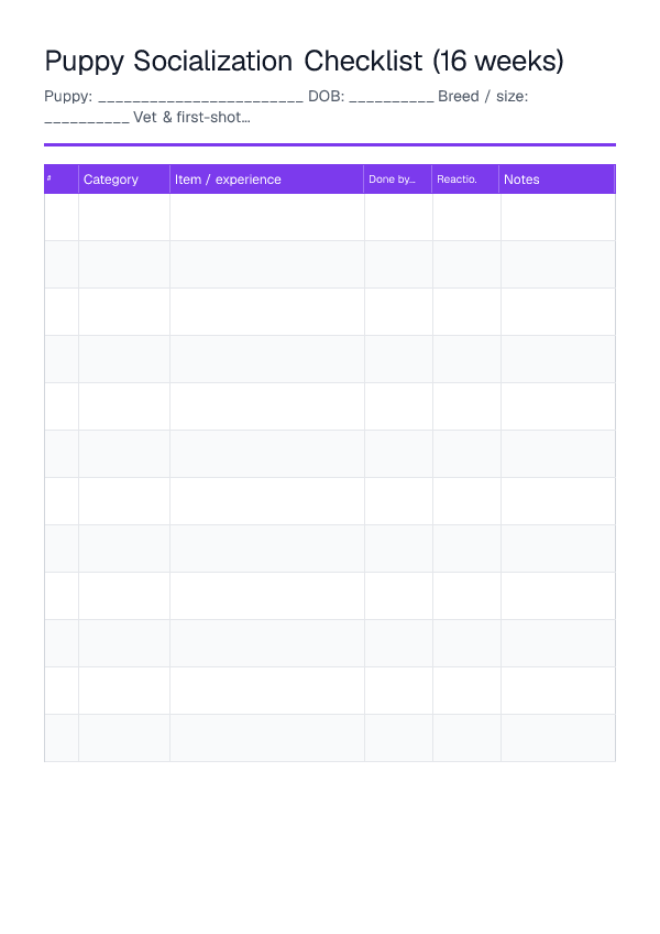 Puppy 16-Week Socialization Checklist — printable PDF preview