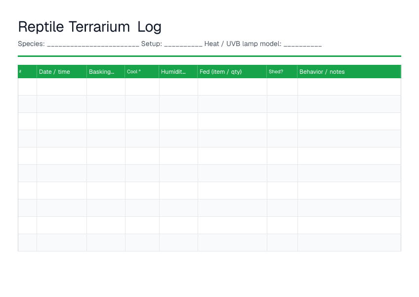 Reptile Terrarium Log — printable PDF preview