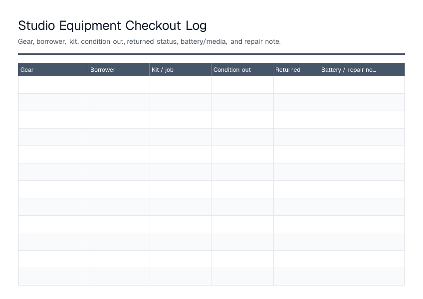 Studio Equipment Checkout Log — printable PDF preview