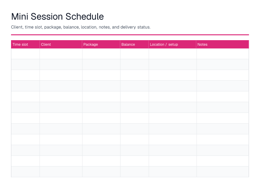 Mini Session Schedule — printable PDF preview