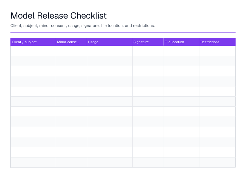 Model Release Checklist — printable PDF preview