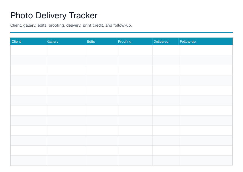 Photo Delivery Tracker — printable PDF preview