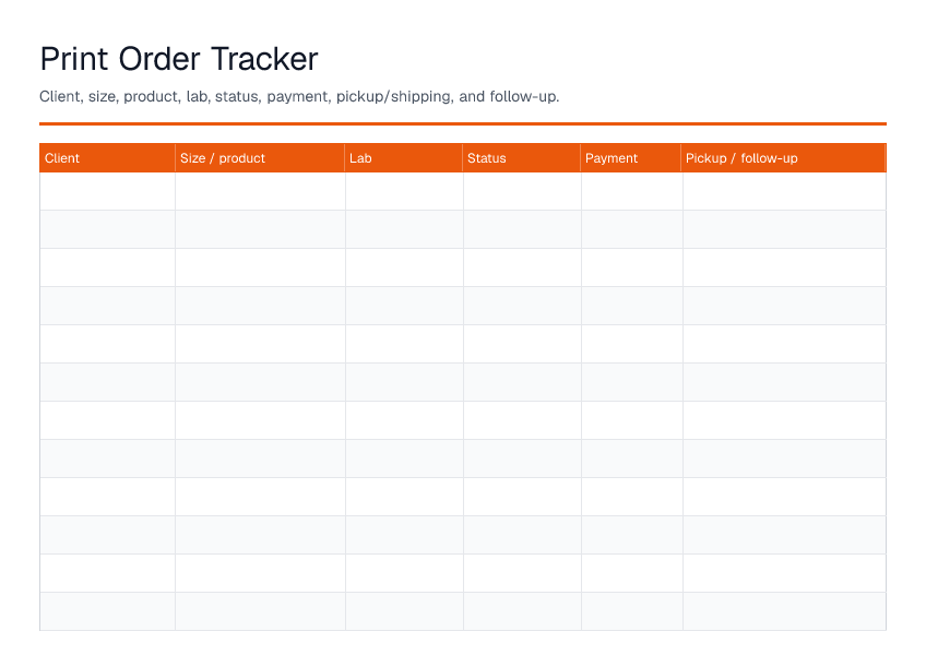 Print Order Tracker — printable PDF preview