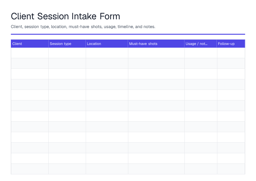 Client Session Intake Form — printable PDF preview