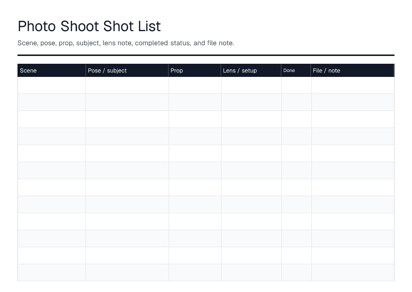 Photo Shoot Shot List — printable PDF preview