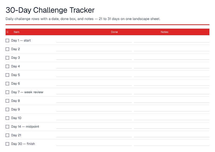 30-Day Challenge Tracker — printable PDF preview