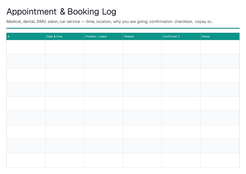 Appointment & Booking Log — printable PDF preview