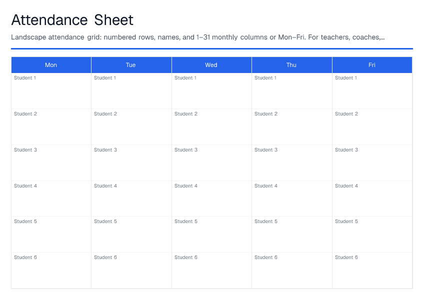 Attendance Sheet — printable PDF preview