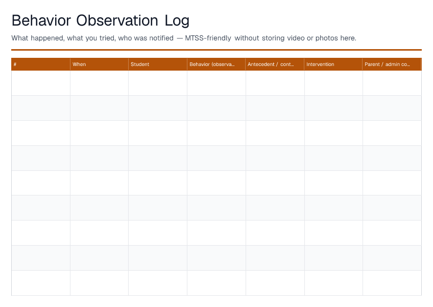 Behavior Observation Log — printable PDF preview