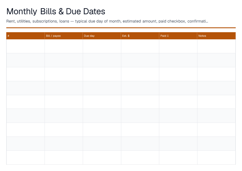 Monthly Bills & Due Dates — printable PDF preview