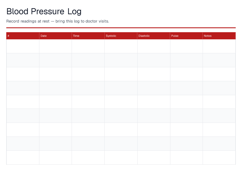 Blood Pressure Log — printable PDF preview