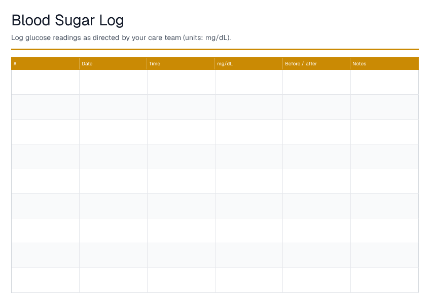 Blood Sugar Log — printable PDF preview