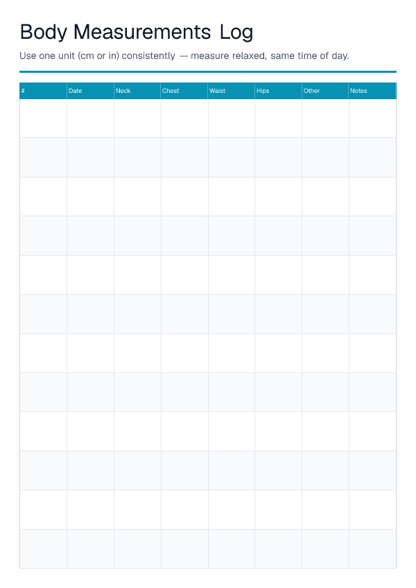 Body Measurements Log — printable PDF preview