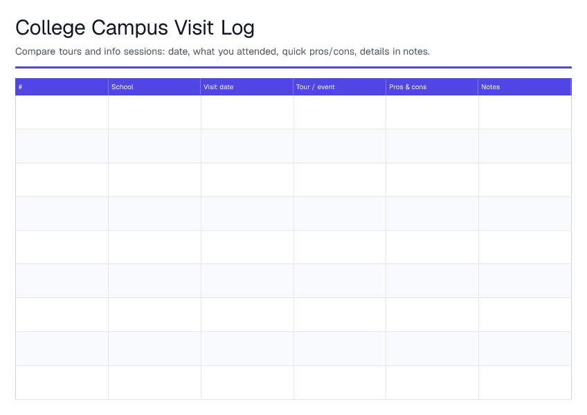 College Campus Visit Log — printable PDF preview