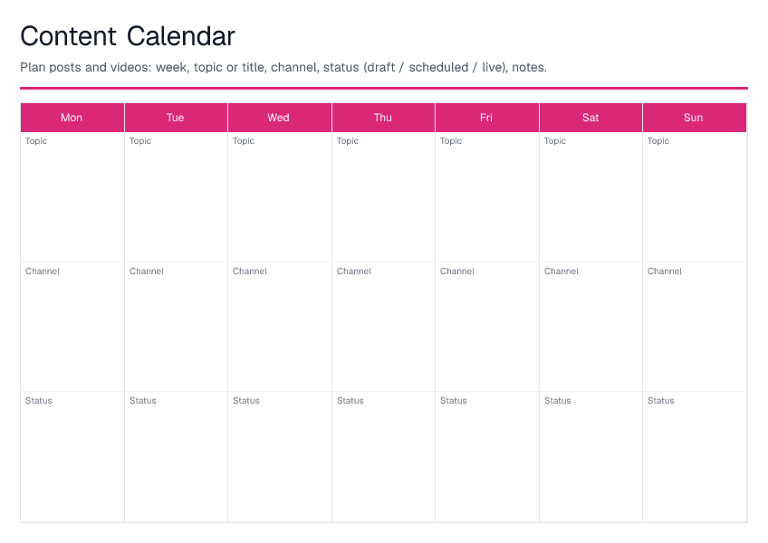 Content Calendar — printable PDF preview