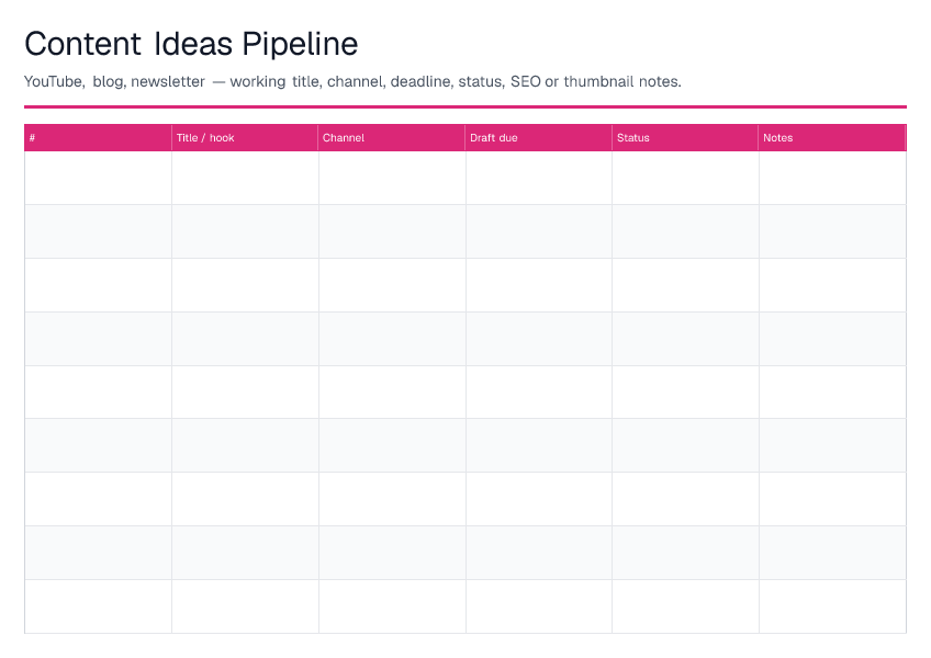 Content Ideas Pipeline — printable PDF preview