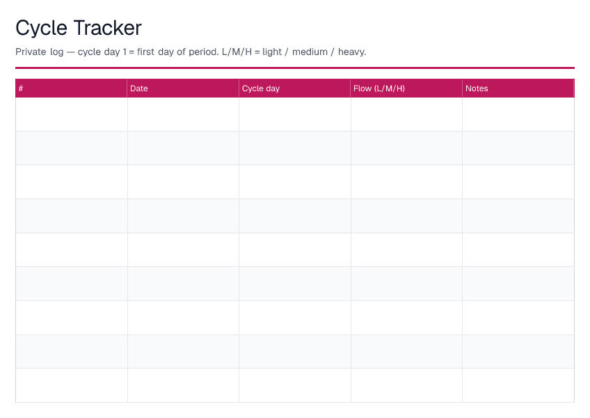 Cycle Tracker — printable PDF preview