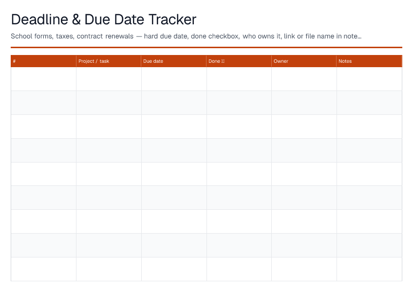 Deadline & Due Date Tracker — printable PDF preview