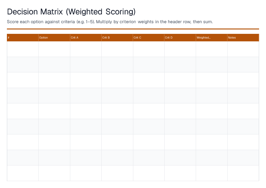 Decision Matrix (Weighted Scoring) — printable PDF preview