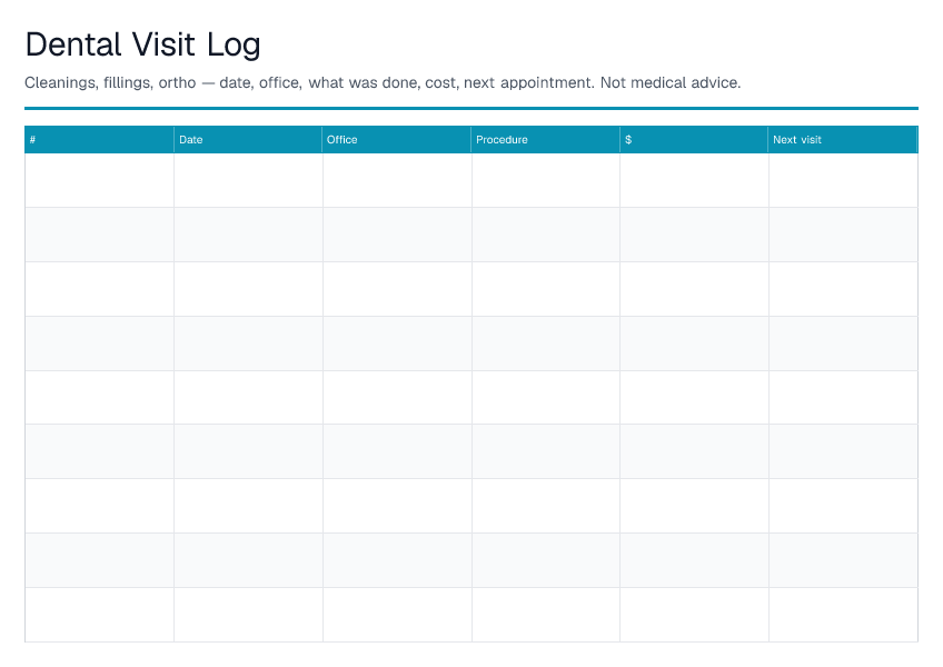 Dental Visit Log — printable PDF preview