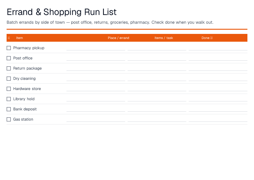 Errand & Shopping Run List — printable PDF preview