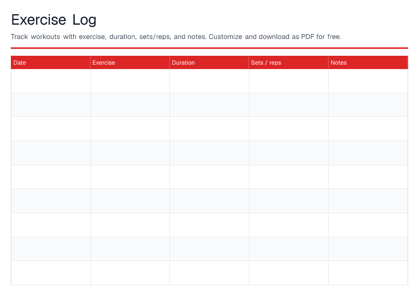 Exercise Log — printable PDF preview