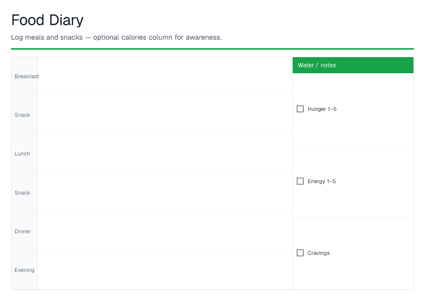 Food Diary — printable PDF preview