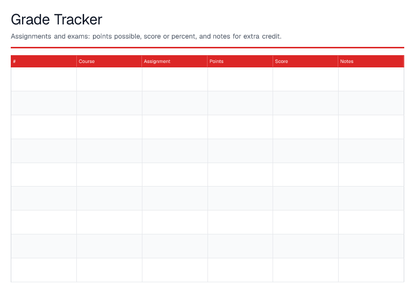 Grade Tracker — printable PDF preview