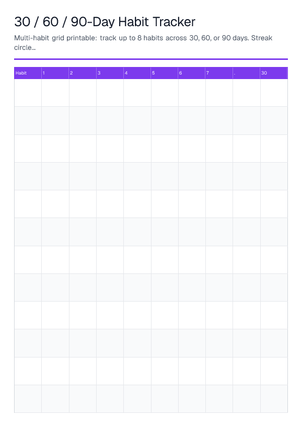 30 / 60 / 90-Day Habit Tracker — printable PDF preview