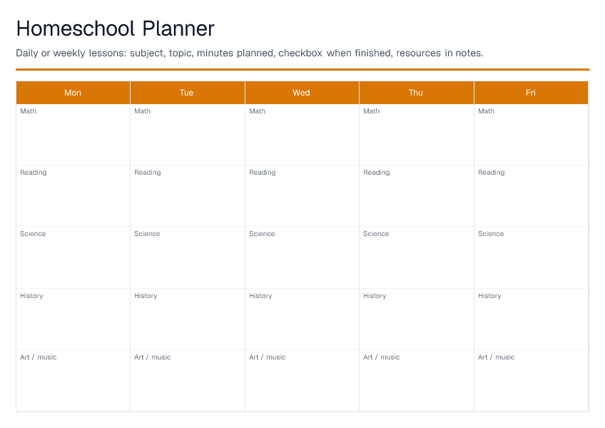 Homeschool Planner — printable PDF preview