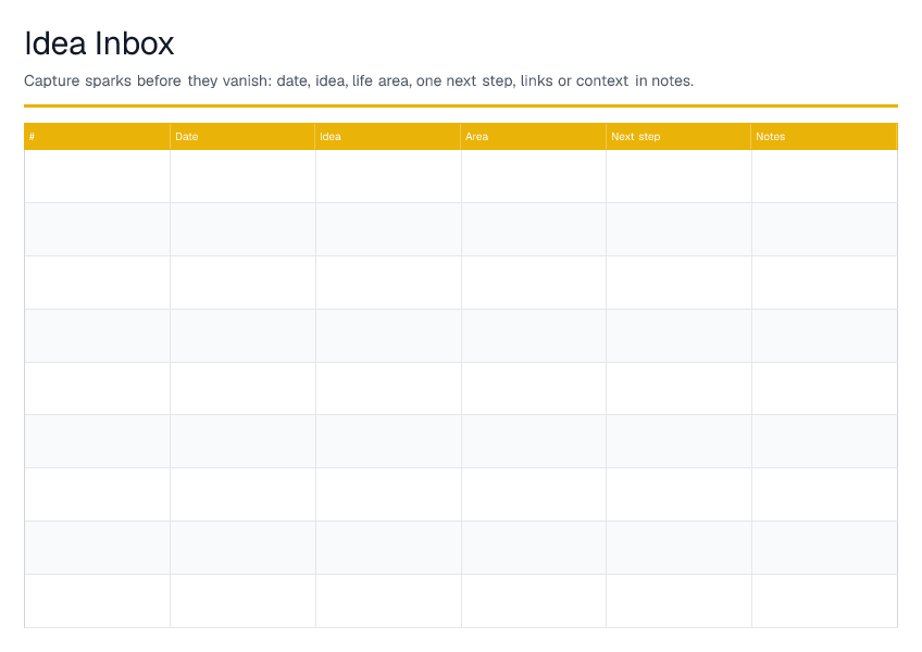 Idea Inbox — printable PDF preview