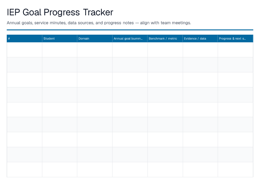 IEP Goal Progress Tracker — printable PDF preview