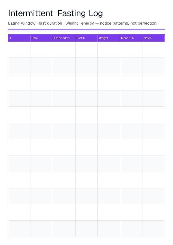 Intermittent Fasting Log — printable PDF preview