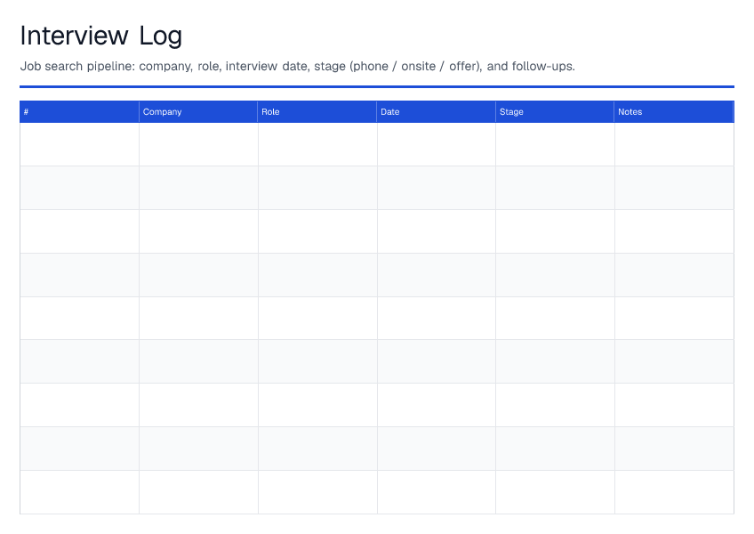 Interview Log — printable PDF preview
