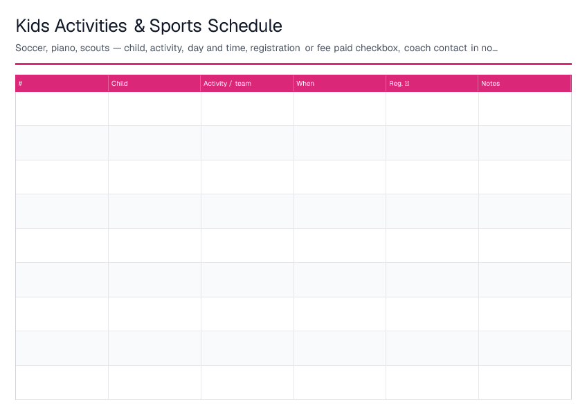 Kids Activities & Sports Schedule — printable PDF preview