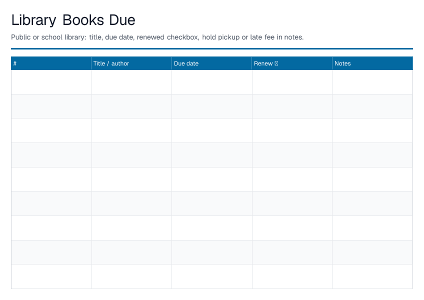 Library Books Due — printable PDF preview