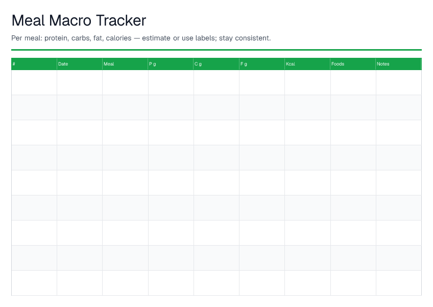 Meal Macro Tracker — printable PDF preview