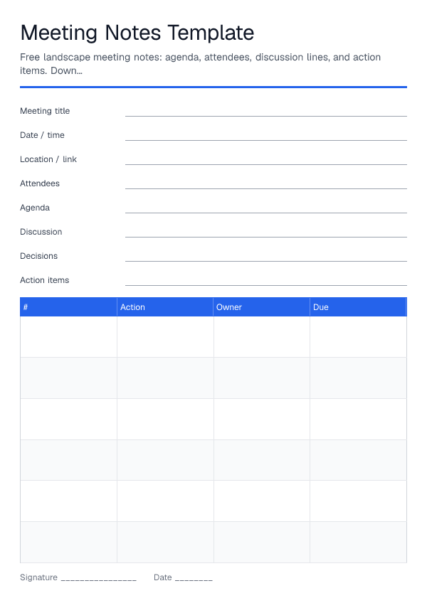 Meeting Notes Template — printable PDF preview