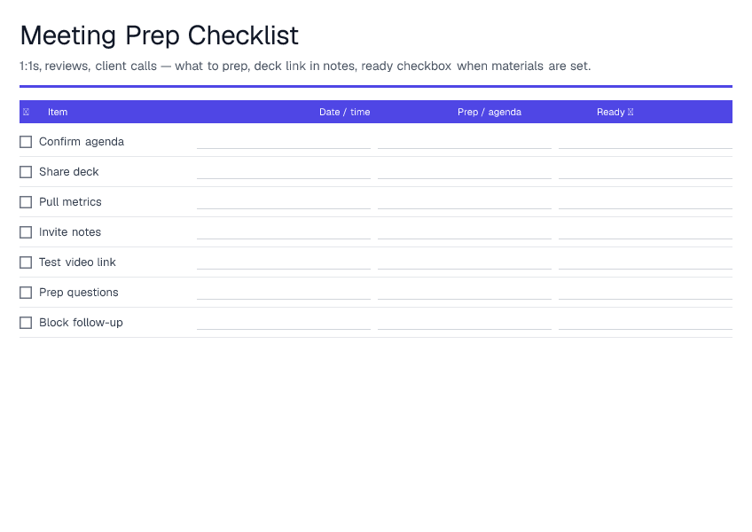 Meeting Prep Checklist — printable PDF preview