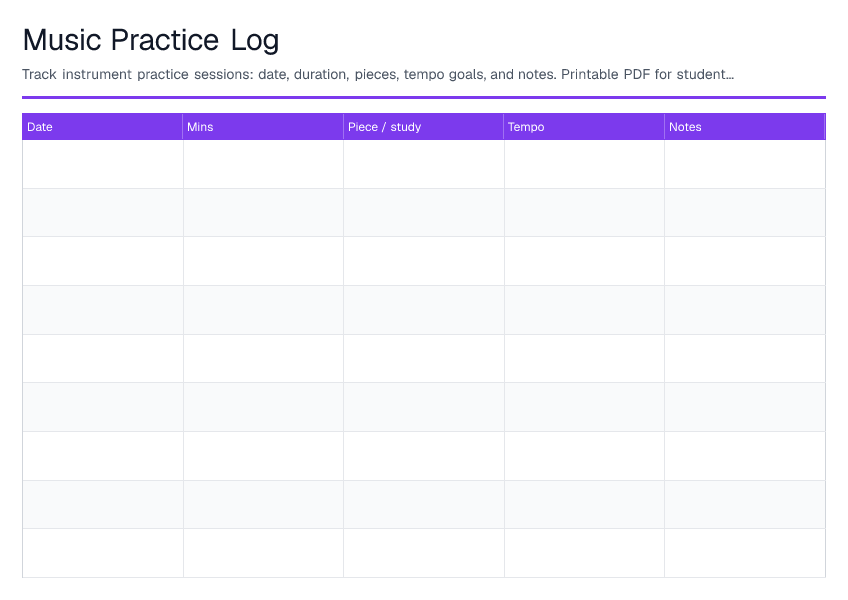 Music Practice Log — printable PDF preview