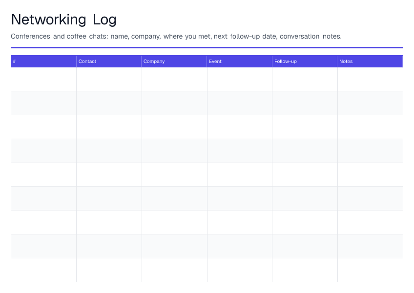 Networking Log — printable PDF preview