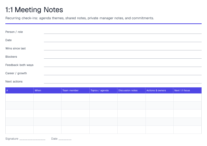 1:1 Meeting Notes — printable PDF preview