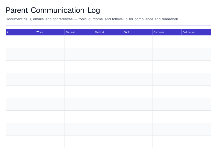 Parent Communication Log — printable PDF preview